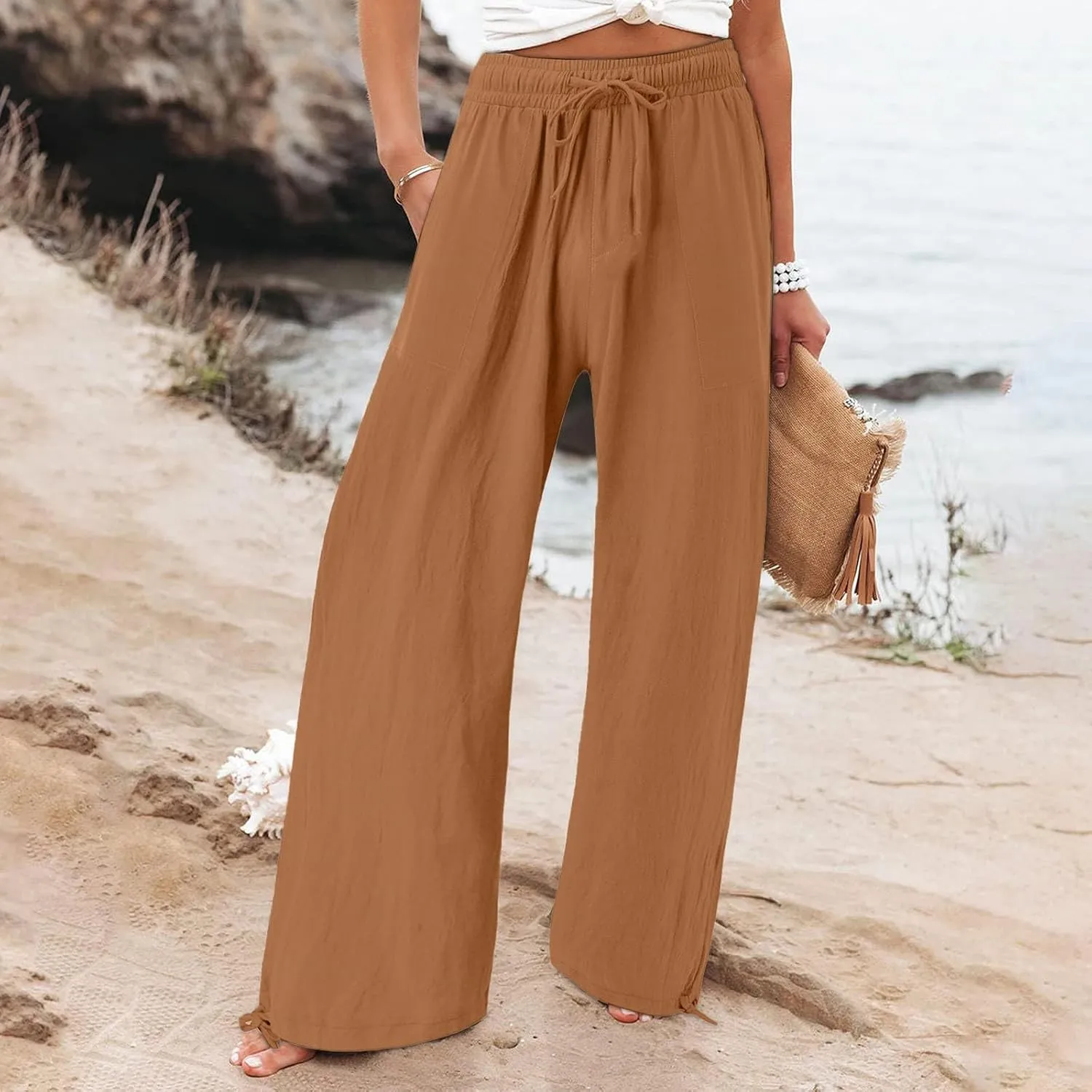 Wide Leg Linen Pants for Women Summer Palazzo Flowy Pants Casual Loose High Waist Beach Trousers with Pockets