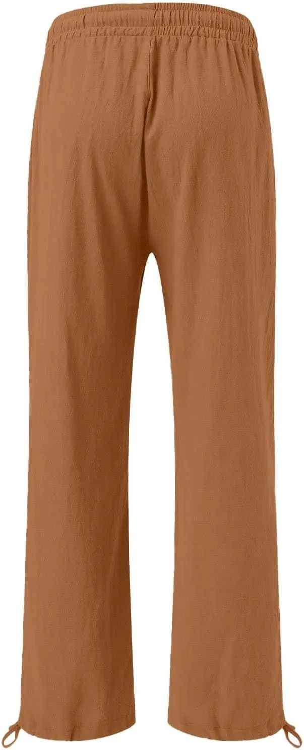 Wide Leg Linen Pants for Women Summer Palazzo Flowy Pants Casual Loose High Waist Beach Trousers with Pockets