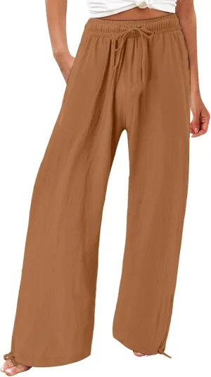 Wide Leg Linen Pants for Women Summer Palazzo Flowy Pants Casual Loose High Waist Beach Trousers with Pockets