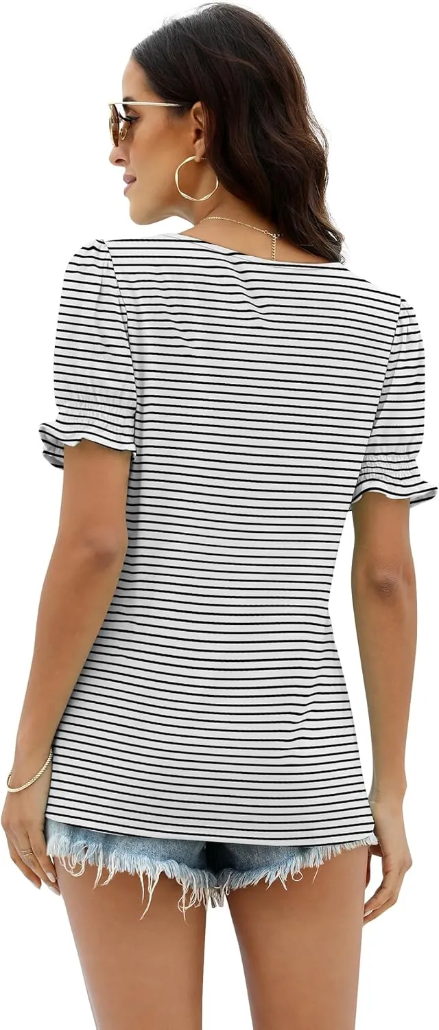 WIHOLL Tops for Women Summer Casual Ruffle Trim Sleeve Square Neck T Shirts
