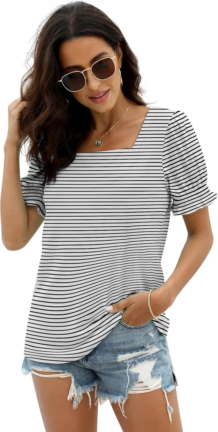 WIHOLL Tops for Women Summer Casual Ruffle Trim Sleeve Square Neck T Shirts