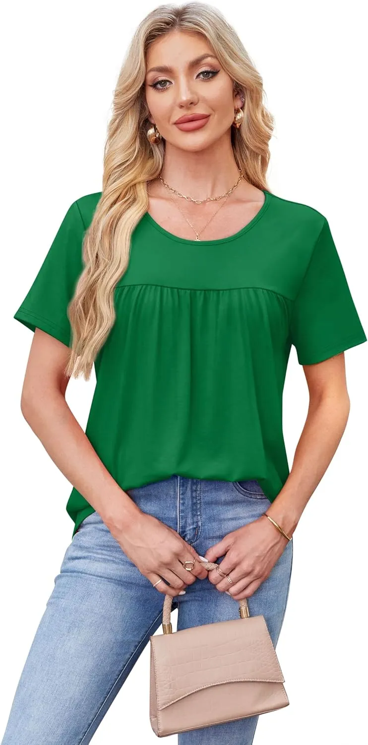 WIHOLL Womens Tops Short Sleeve T Shirts Pleated Dressy Casual Round Neck Summer Clothes Outfits Blouses Loose Fit
