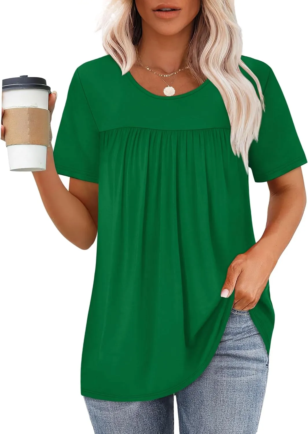 WIHOLL Womens Tops Short Sleeve T Shirts Pleated Dressy Casual Round Neck Summer Clothes Outfits Blouses Loose Fit