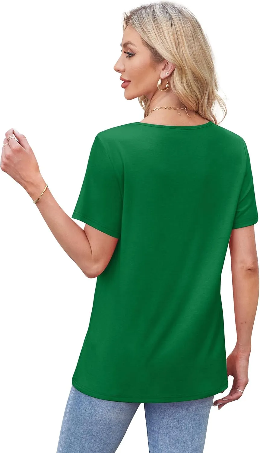 WIHOLL Womens Tops Short Sleeve T Shirts Pleated Dressy Casual Round Neck Summer Clothes Outfits Blouses Loose Fit
