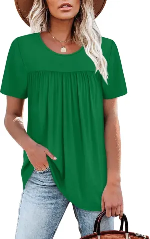 WIHOLL Womens Tops Short Sleeve T Shirts Pleated Dressy Casual Round Neck Summer Clothes Outfits Blouses Loose Fit