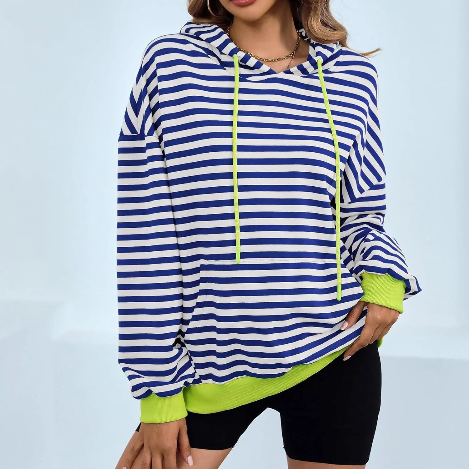 Women 2024 Striped Hoodies Sweatshirt Drawstring Cute Pullover Sweatshirts Long Sleeve Shirts Tops Trendy Fall Clothes