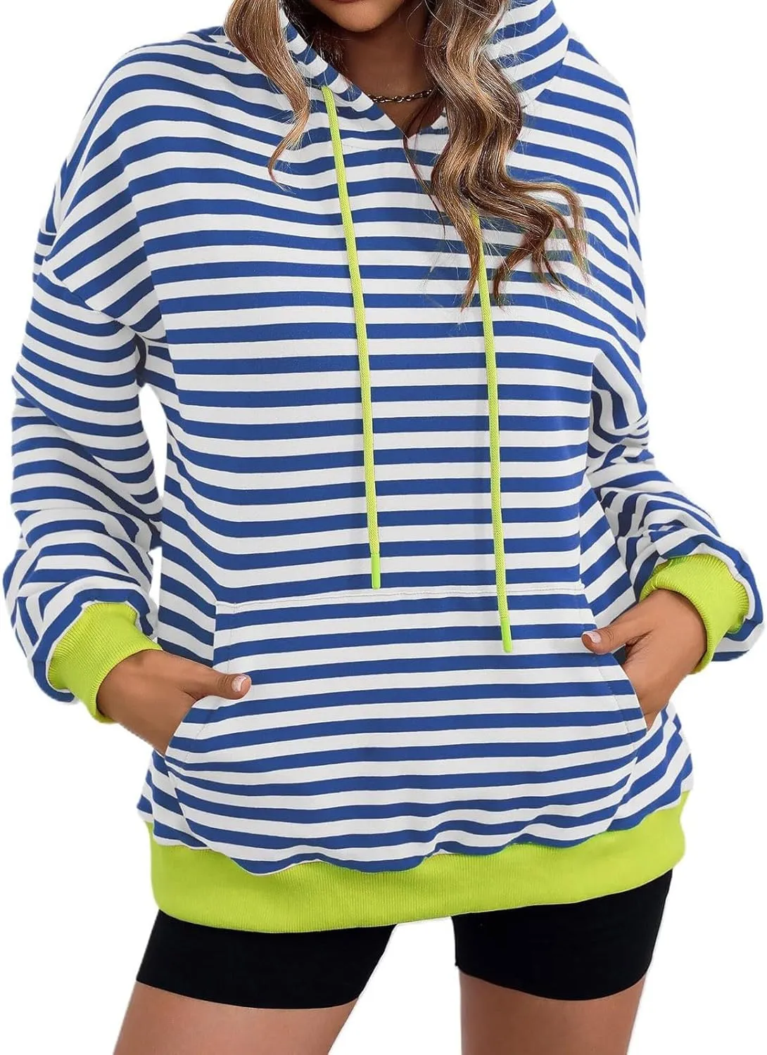 Women 2024 Striped Hoodies Sweatshirt Drawstring Cute Pullover Sweatshirts Long Sleeve Shirts Tops Trendy Fall Clothes