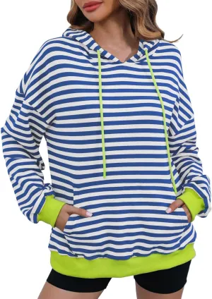 Women 2024 Striped Hoodies Sweatshirt Drawstring Cute Pullover Sweatshirts Long Sleeve Shirts Tops Trendy Fall Clothes