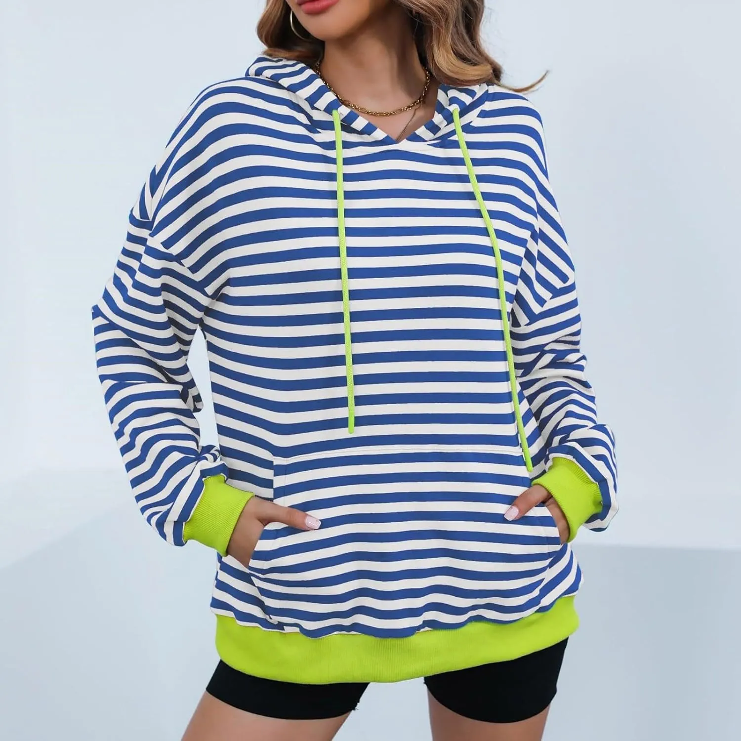 Women 2024 Striped Hoodies Sweatshirt Drawstring Cute Pullover Sweatshirts Long Sleeve Shirts Tops Trendy Fall Clothes