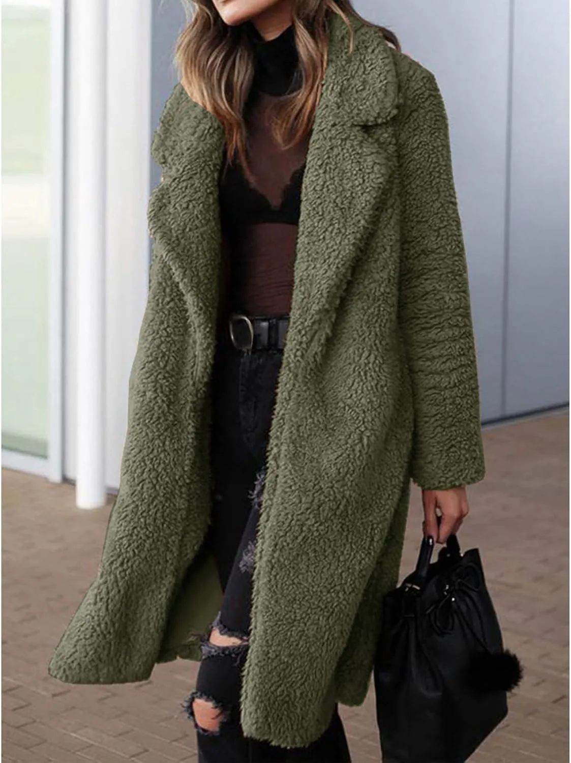 Women 2024 Winter Faux Fur Coats Oversized Sherpa Jackets Fuzzy Fleece Lapel Open Front Long Cardigan Warm Outerwear