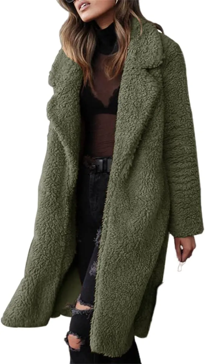 Women 2024 Winter Faux Fur Coats Oversized Sherpa Jackets Fuzzy Fleece Lapel Open Front Long Cardigan Warm Outerwear