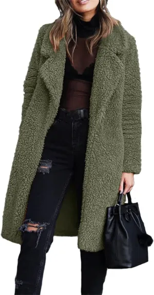 Women 2024 Winter Faux Fur Coats Oversized Sherpa Jackets Fuzzy Fleece Lapel Open Front Long Cardigan Warm Outerwear