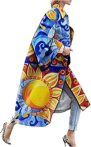 Women Fashion Dolphin Printed Pocket Jacket Outerwear Cardigan Overcoat Long Trench Windbreaker Coat