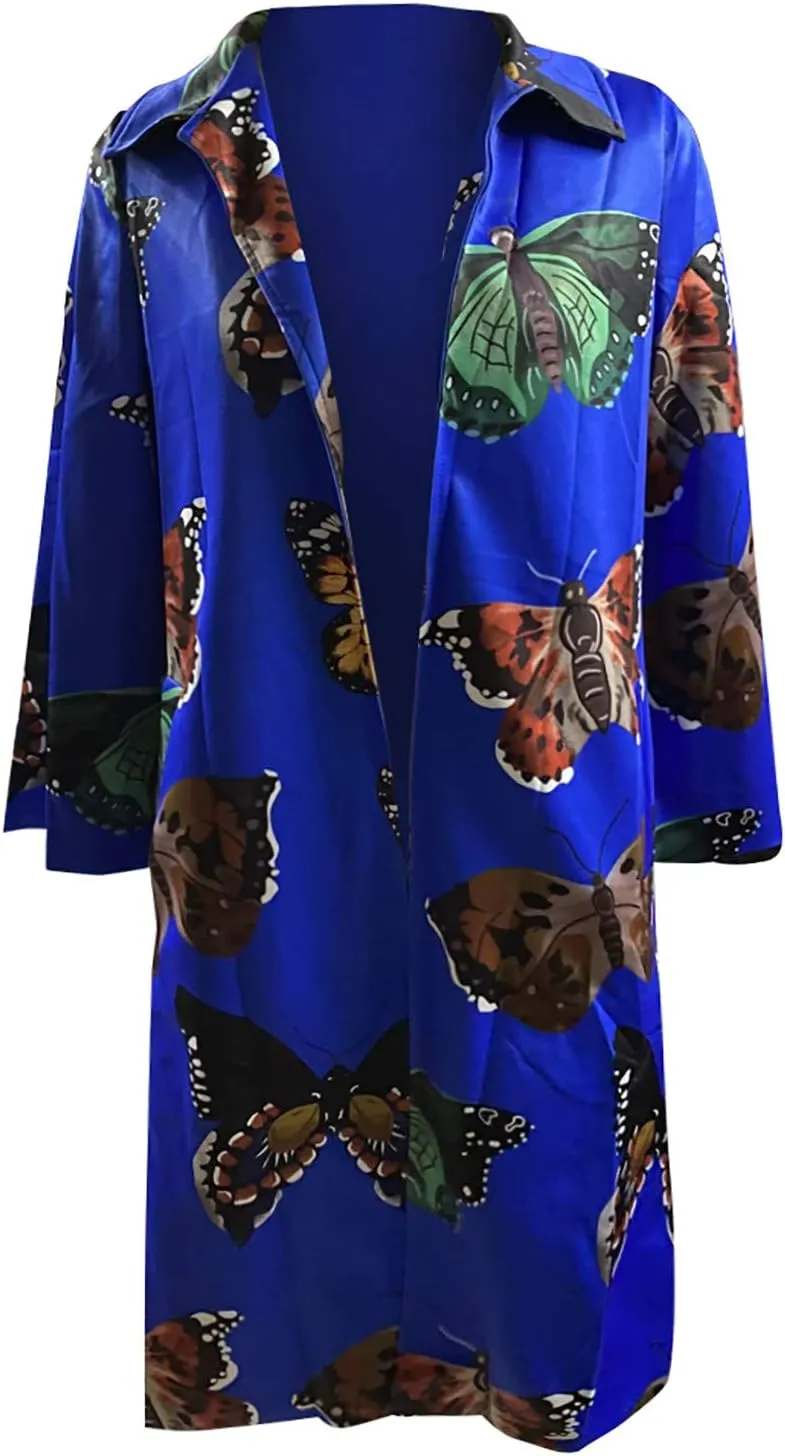 Women Fashion Dolphin Printed Pocket Jacket Outerwear Cardigan Overcoat Long Trench Windbreaker Coat