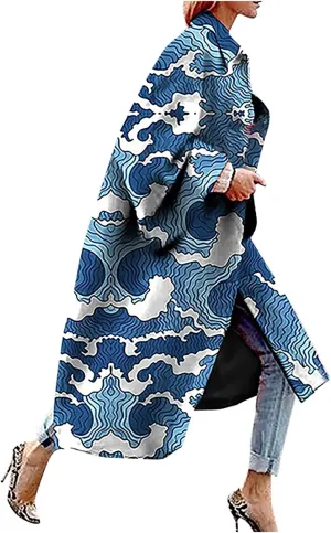 Women Fashion Dolphin Printed Pocket Jacket Outerwear Cardigan Overcoat Long Trench Windbreaker Coat