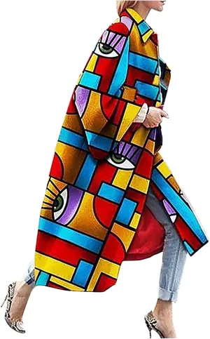 Women Fashion Dolphin Printed Pocket Jacket Outerwear Cardigan Overcoat Long Trench Windbreaker Coat