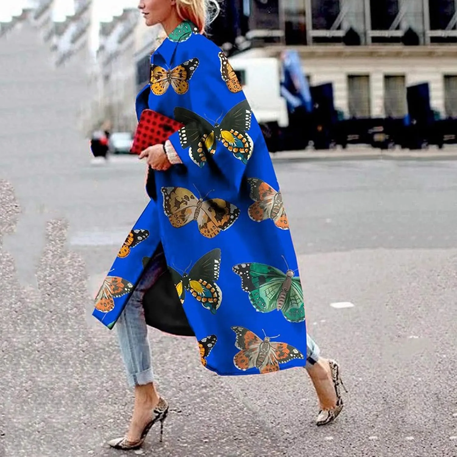 Women Fashion Dolphin Printed Pocket Jacket Outerwear Cardigan Overcoat Long Trench Windbreaker Coat