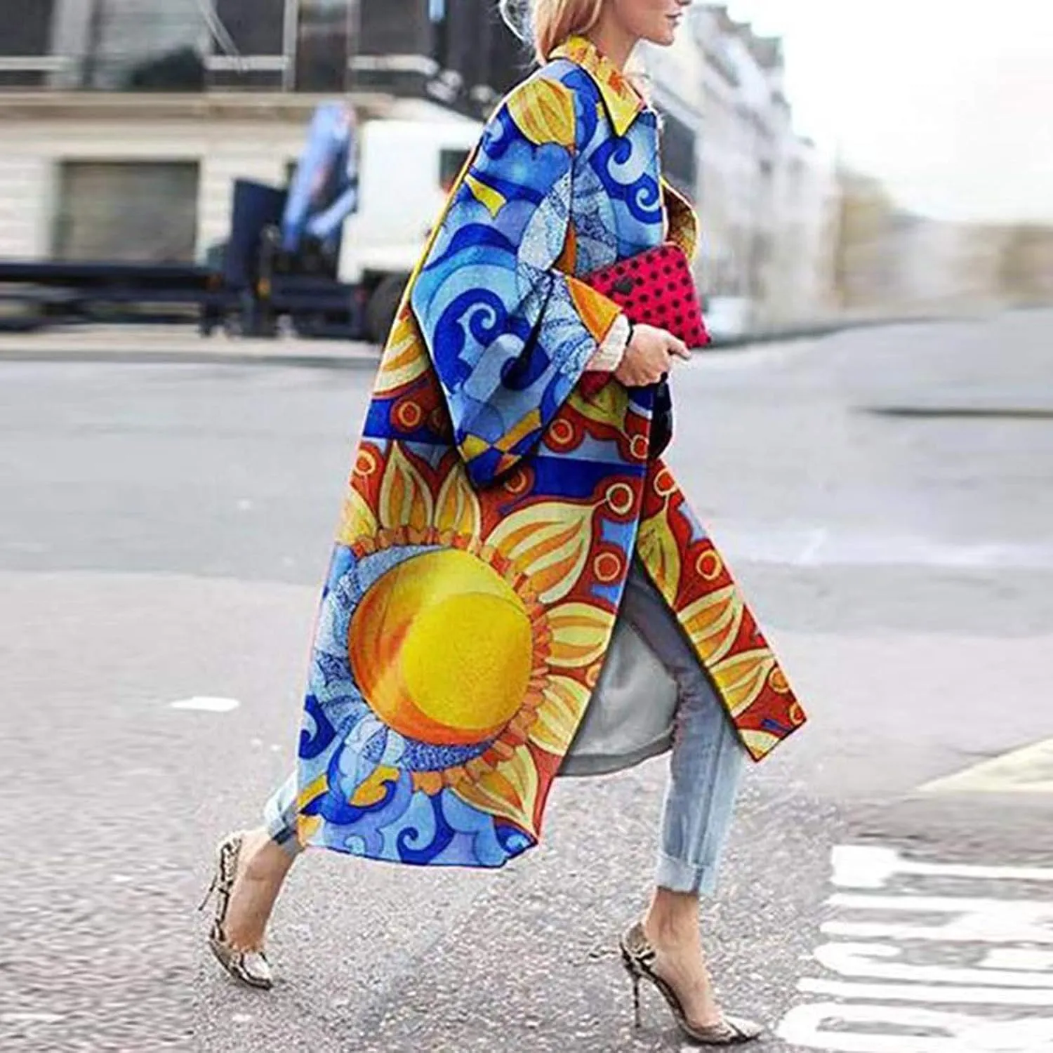 Women Fashion Dolphin Printed Pocket Jacket Outerwear Cardigan Overcoat Long Trench Windbreaker Coat