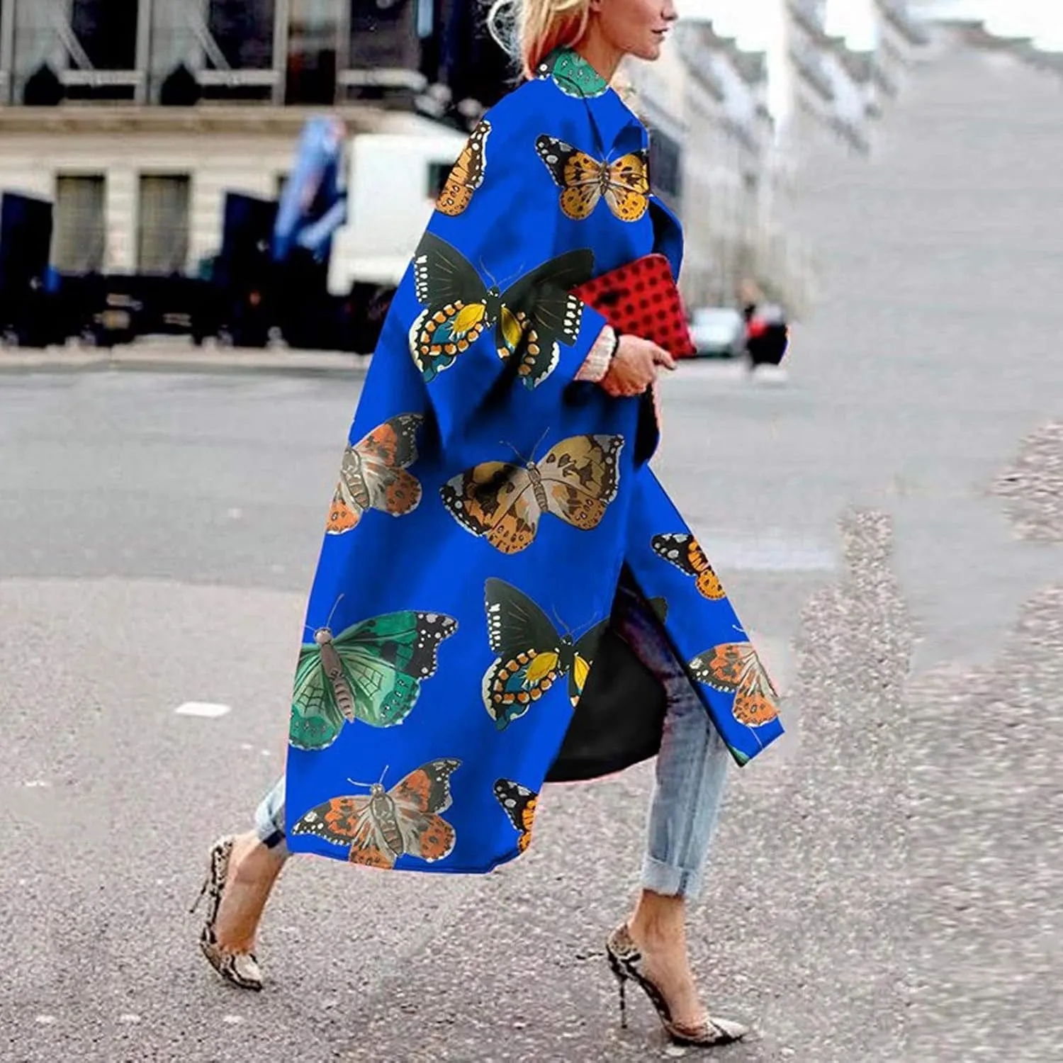 Women Fashion Dolphin Printed Pocket Jacket Outerwear Cardigan Overcoat Long Trench Windbreaker Coat