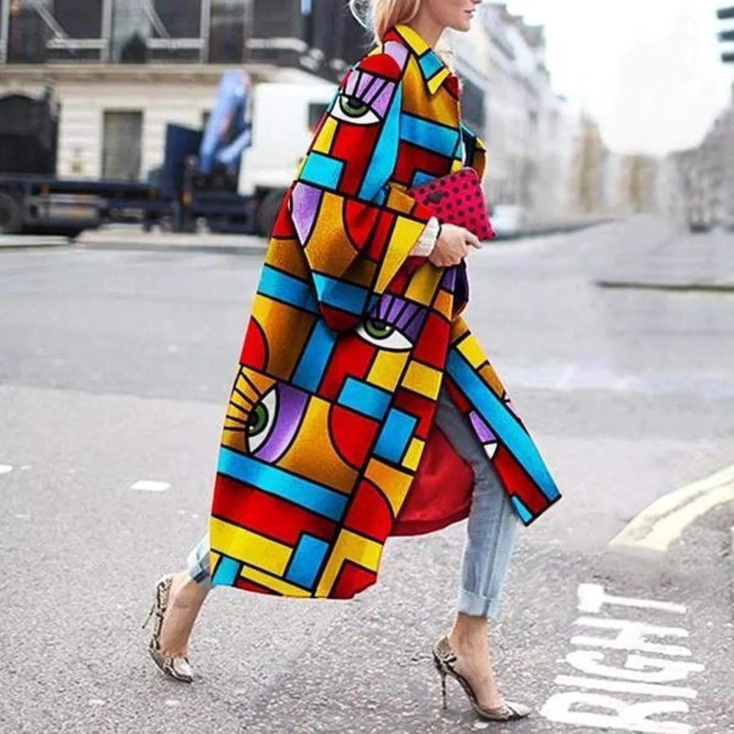 Women Fashion Dolphin Printed Pocket Jacket Outerwear Cardigan Overcoat Long Trench Windbreaker Coat