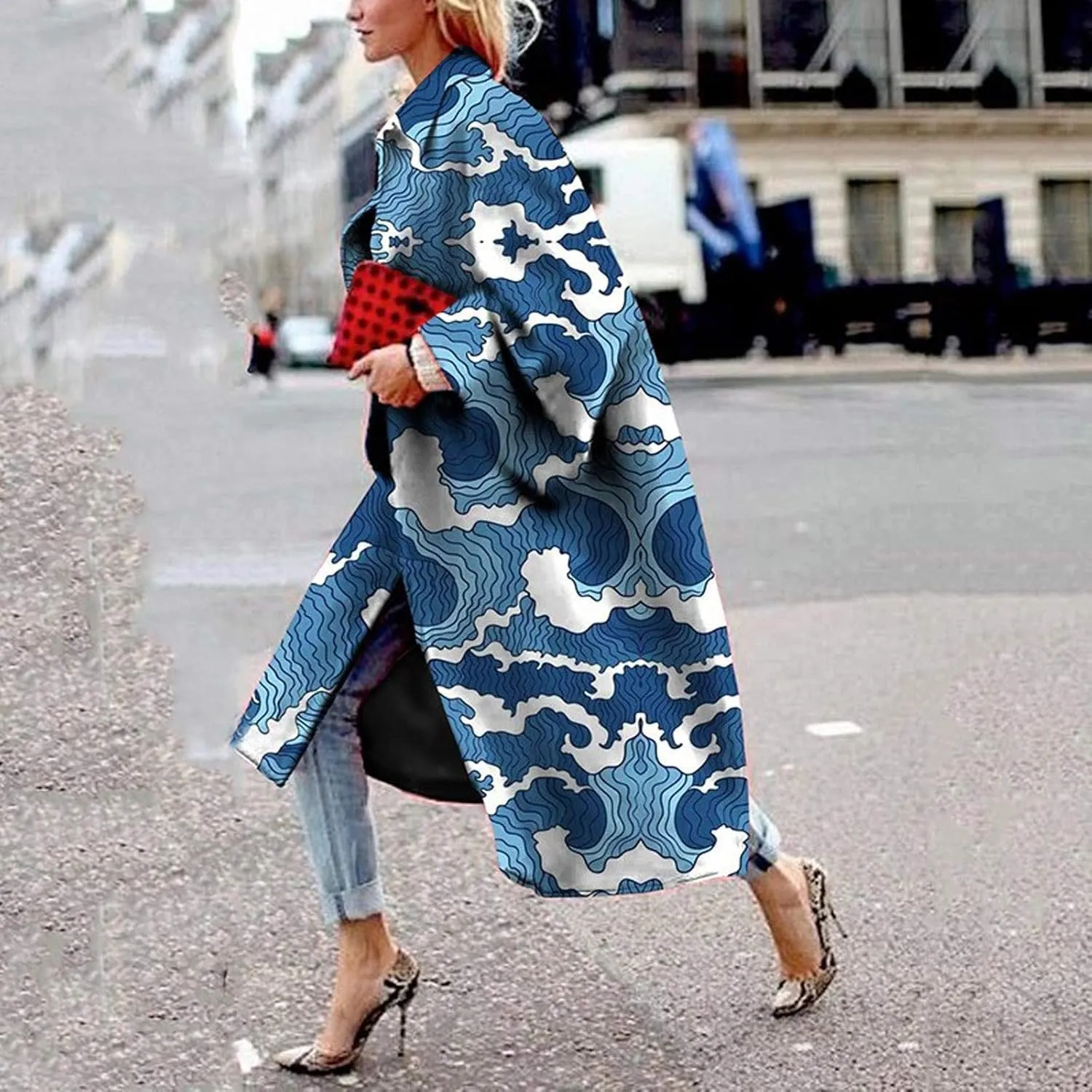 Women Fashion Dolphin Printed Pocket Jacket Outerwear Cardigan Overcoat Long Trench Windbreaker Coat