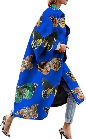 Women Fashion Dolphin Printed Pocket Jacket Outerwear Cardigan Overcoat Long Trench Windbreaker Coat