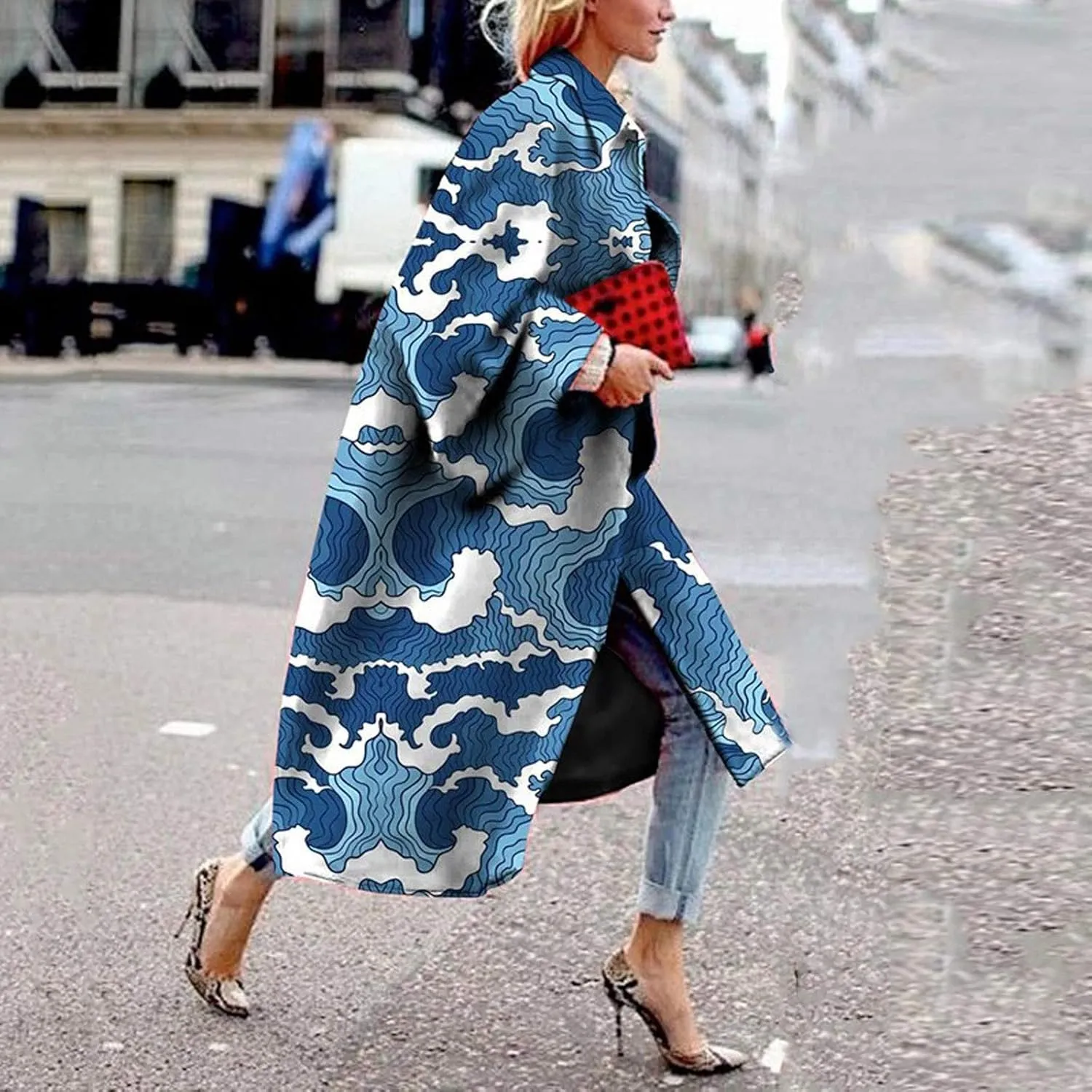Women Fashion Dolphin Printed Pocket Jacket Outerwear Cardigan Overcoat Long Trench Windbreaker Coat