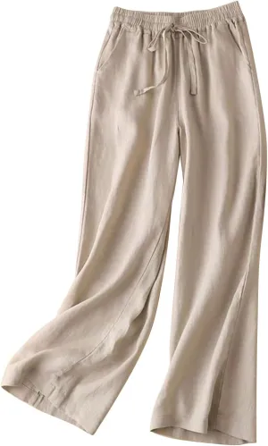 Women Fashion Solid Color Cotton Elastic Long Pants Beach Leisure Trousers