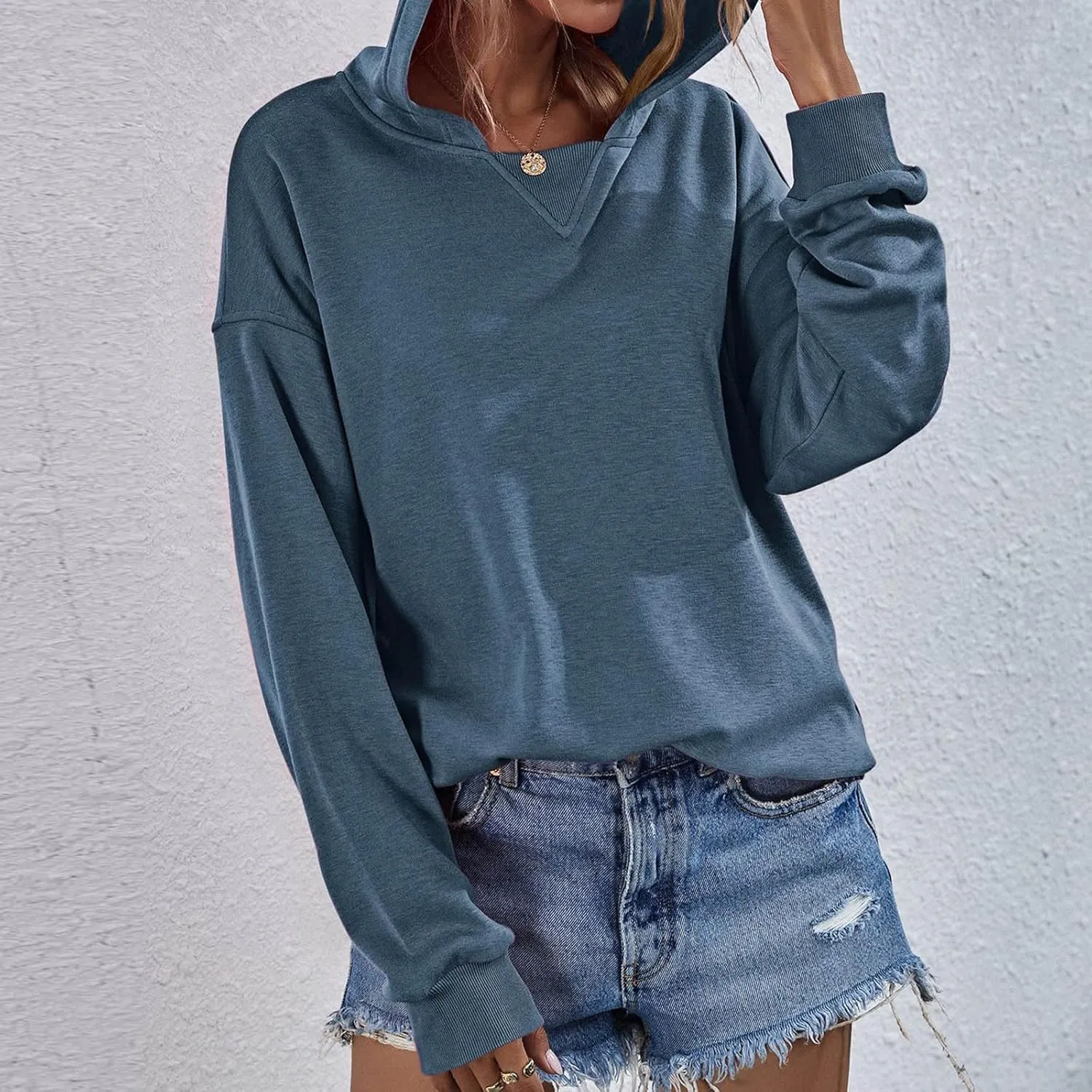Women Hoodies Casual Long Sleeve Sweatshirt Solid Color Loose Pullover Tops 2023 Plus Size Fall Blouses Shirts