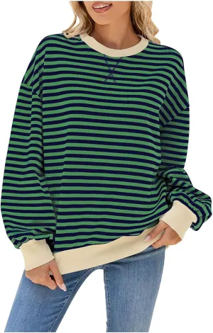 Women Long Sleeve Oversized Sweatshirts Striped Colors Block Pullover Tops Comfort Crewneck Hoodies Trendy Clothes