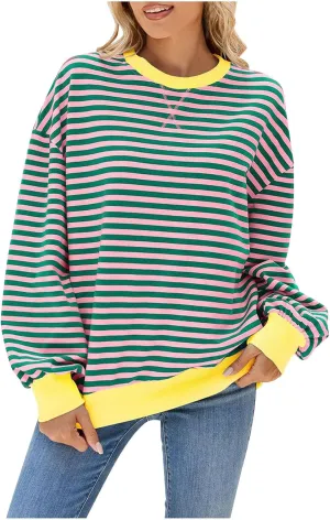 Women Long Sleeve Oversized Sweatshirts Striped Colors Block Pullover Tops Comfort Crewneck Hoodies Trendy Clothes