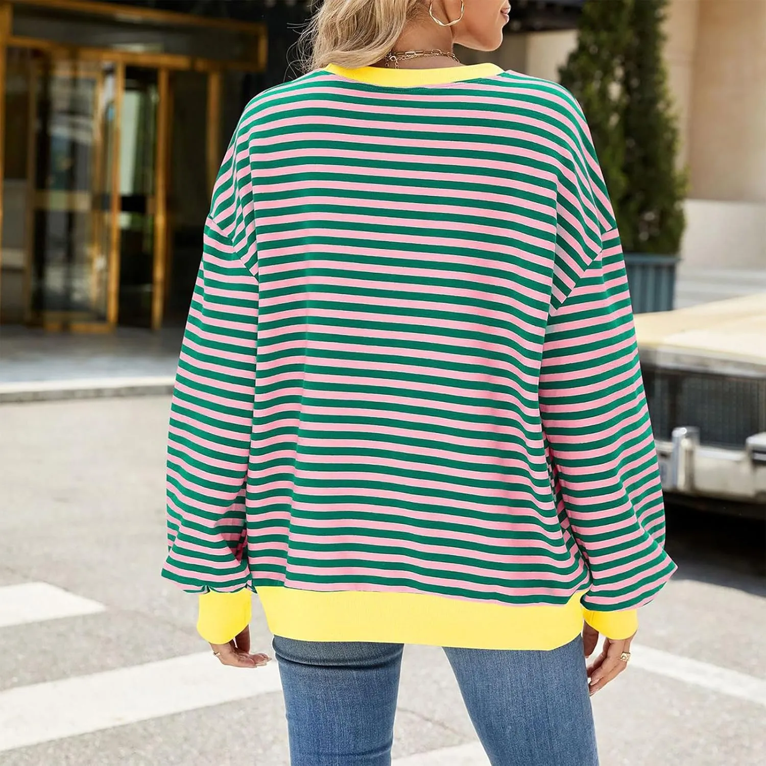 Women Long Sleeve Oversized Sweatshirts Striped Colors Block Pullover Tops Comfort Crewneck Hoodies Trendy Clothes
