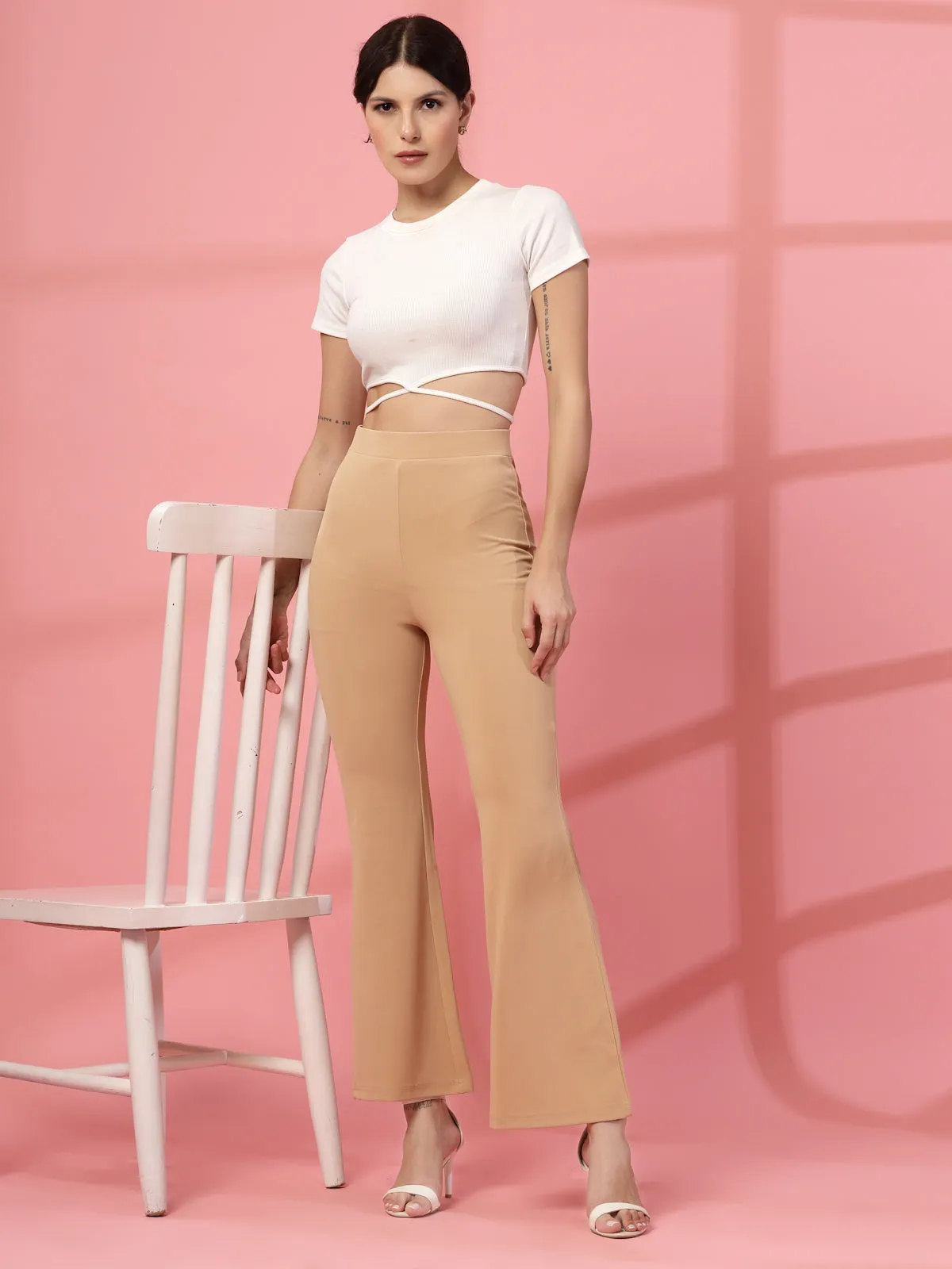 Women Nude Bootcut Regular Fit High-Rise Trousers