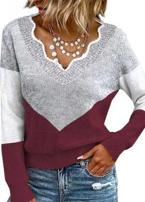 Women Spring Color Block V Neck Knit Pullover Long Sleeve Sexy Casual Soft Sweaters Tops