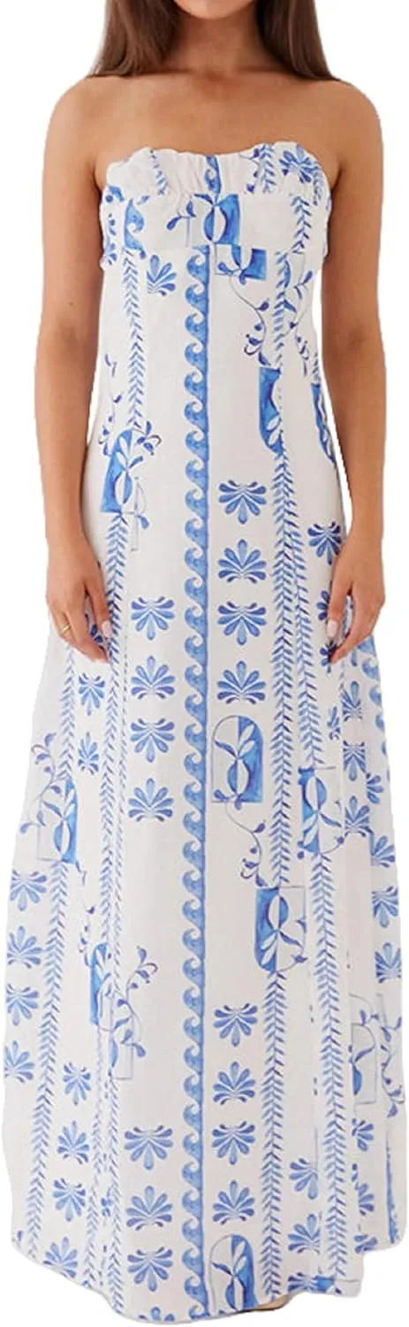 Women Strapless Flowy Maxi Dress Floral Wedding Guest Bandeau Long Dress Summer Tube Top A Line Formal Dresses
