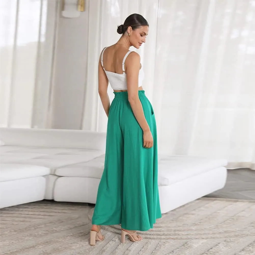 Women Summer Beach Vacation Pants High Waist Wide Leg Pants Printed Loose Flowy Palazzo Trousers