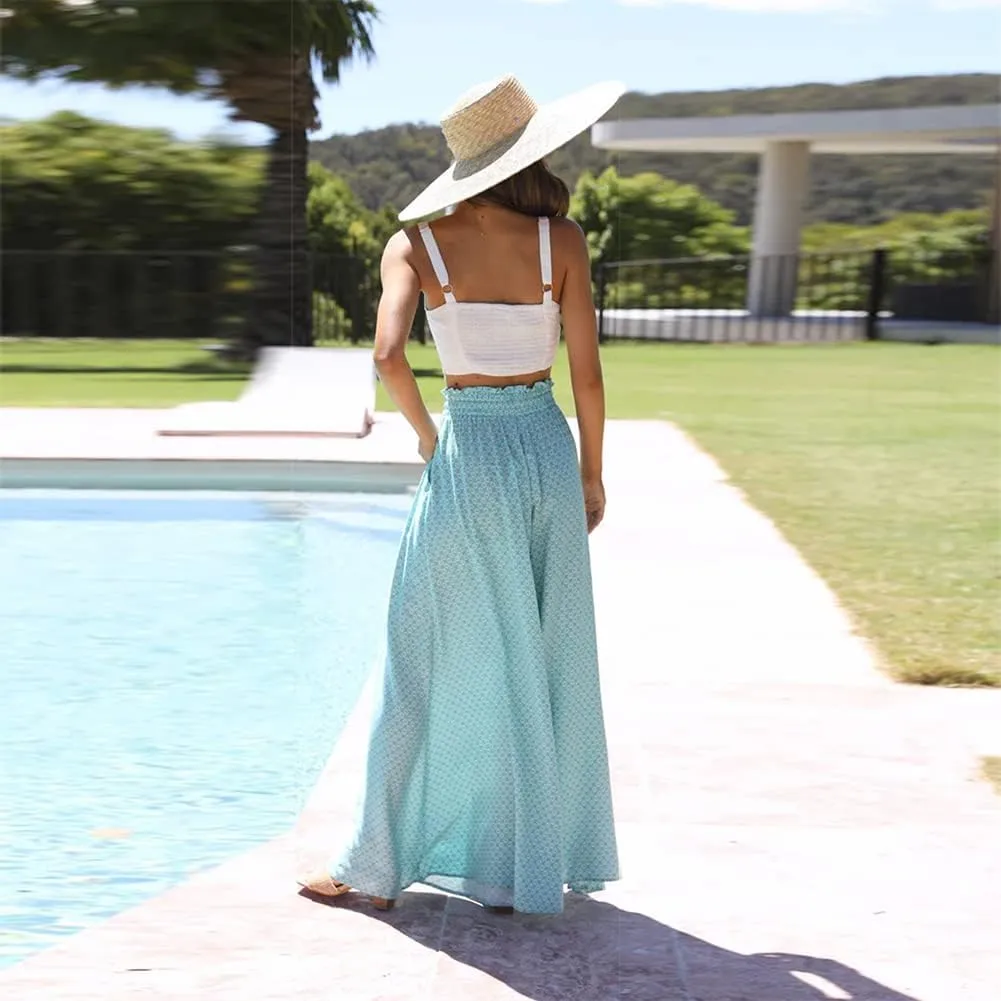 Women Summer Beach Vacation Pants High Waist Wide Leg Pants Printed Loose Flowy Palazzo Trousers