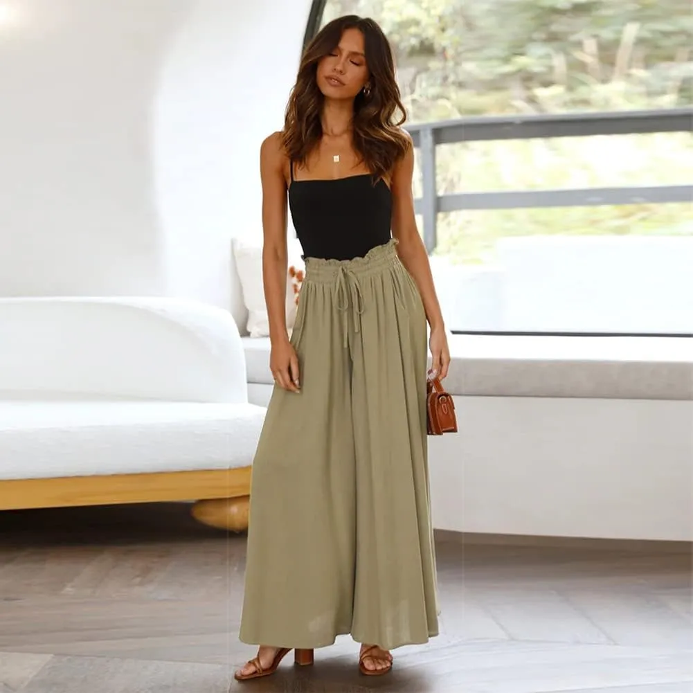 Women Summer Beach Vacation Pants High Waist Wide Leg Pants Printed Loose Flowy Palazzo Trousers
