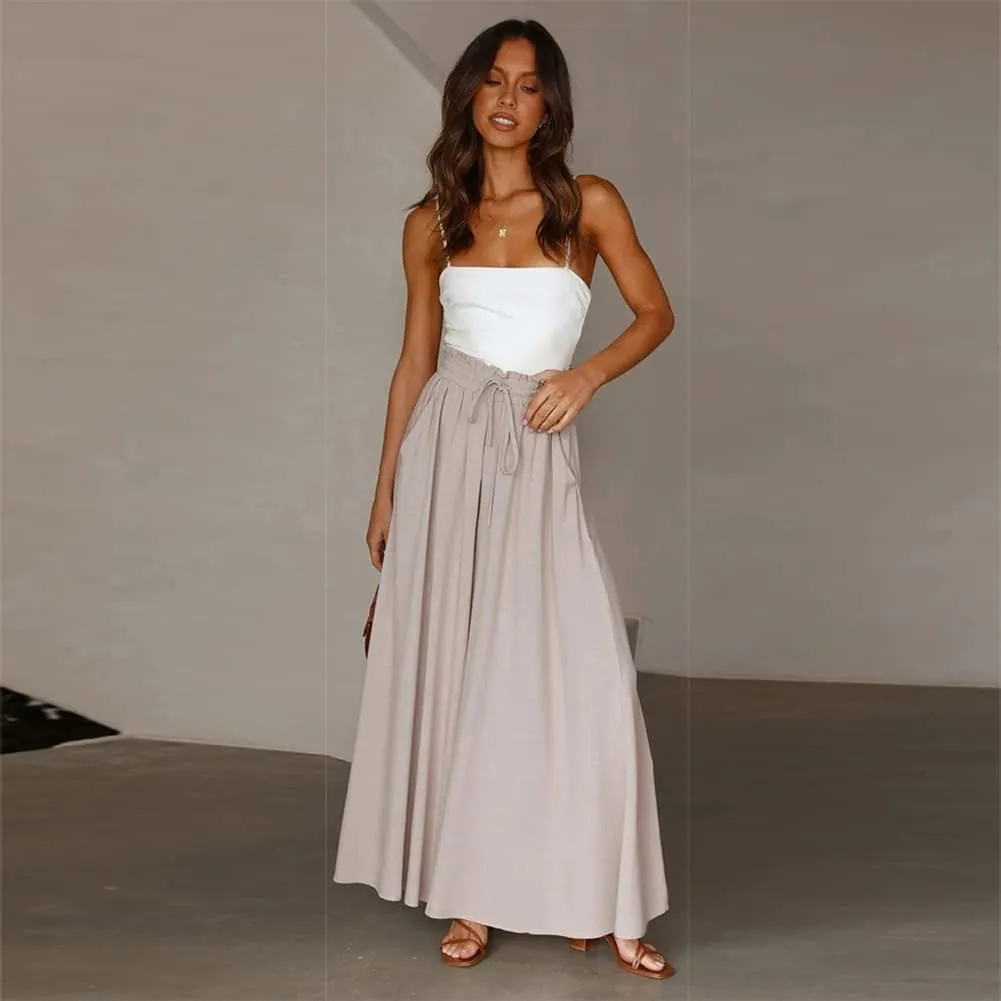 Women Summer Beach Vacation Pants High Waist Wide Leg Pants Printed Loose Flowy Palazzo Trousers