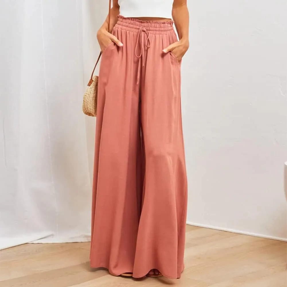 Women Summer Beach Vacation Pants High Waist Wide Leg Pants Printed Loose Flowy Palazzo Trousers