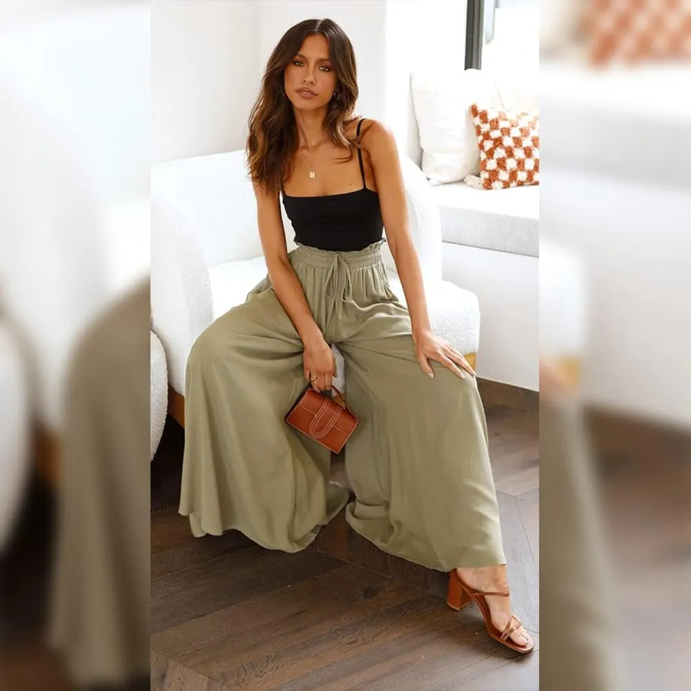 Women Summer Beach Vacation Pants High Waist Wide Leg Pants Printed Loose Flowy Palazzo Trousers