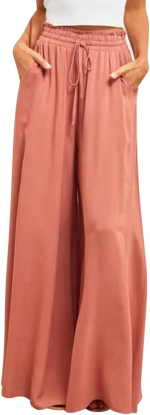 Women Summer Beach Vacation Pants High Waist Wide Leg Pants Printed Loose Flowy Palazzo Trousers