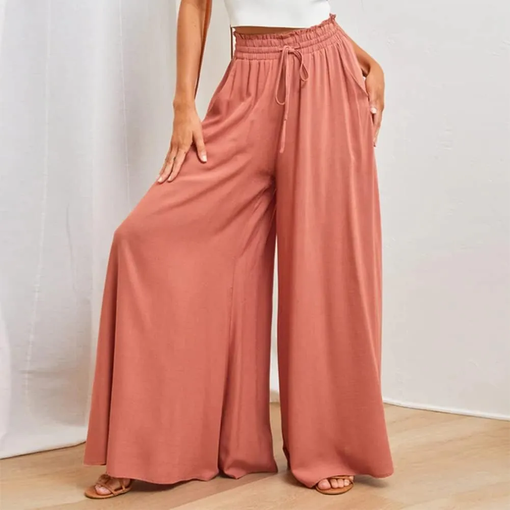 Women Summer Beach Vacation Pants High Waist Wide Leg Pants Printed Loose Flowy Palazzo Trousers