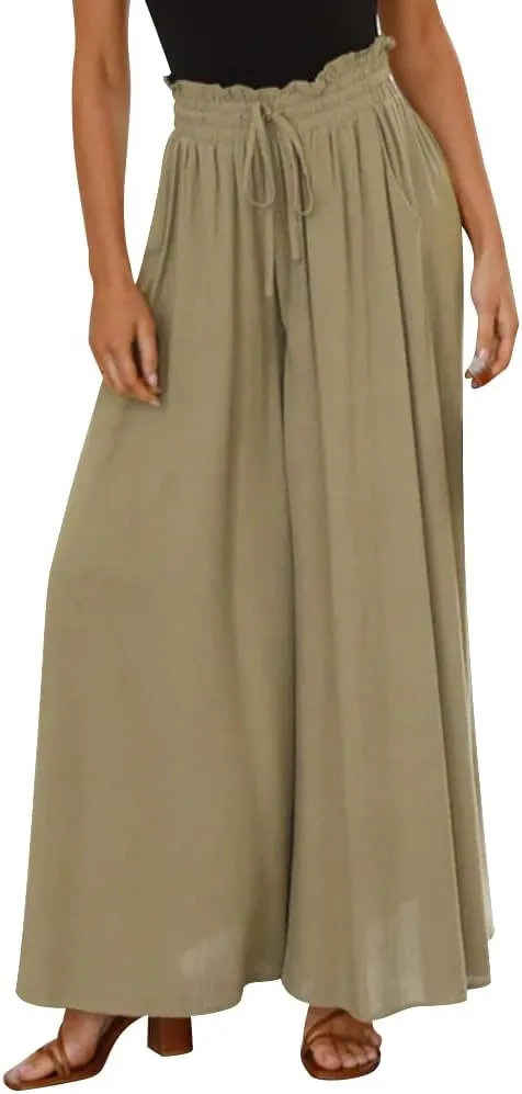 Women Summer Beach Vacation Pants High Waist Wide Leg Pants Printed Loose Flowy Palazzo Trousers