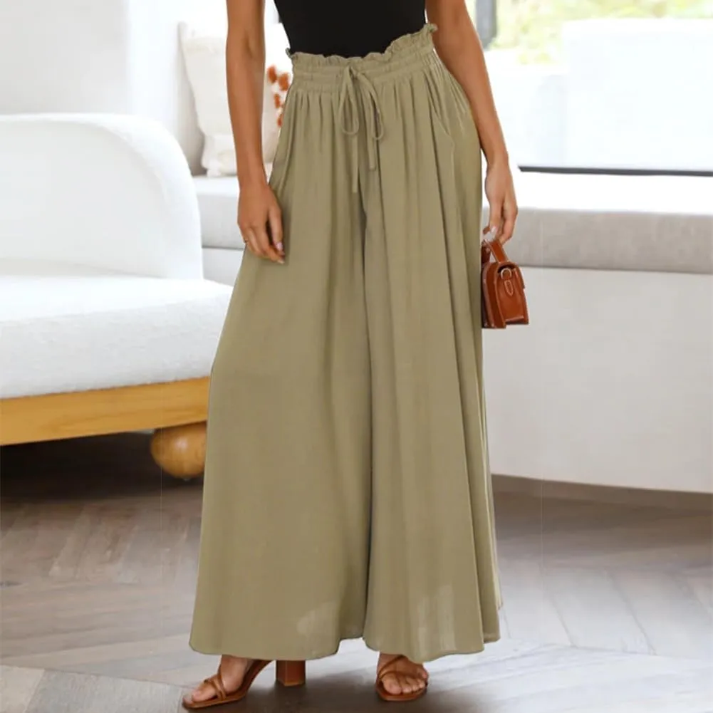 Women Summer Beach Vacation Pants High Waist Wide Leg Pants Printed Loose Flowy Palazzo Trousers