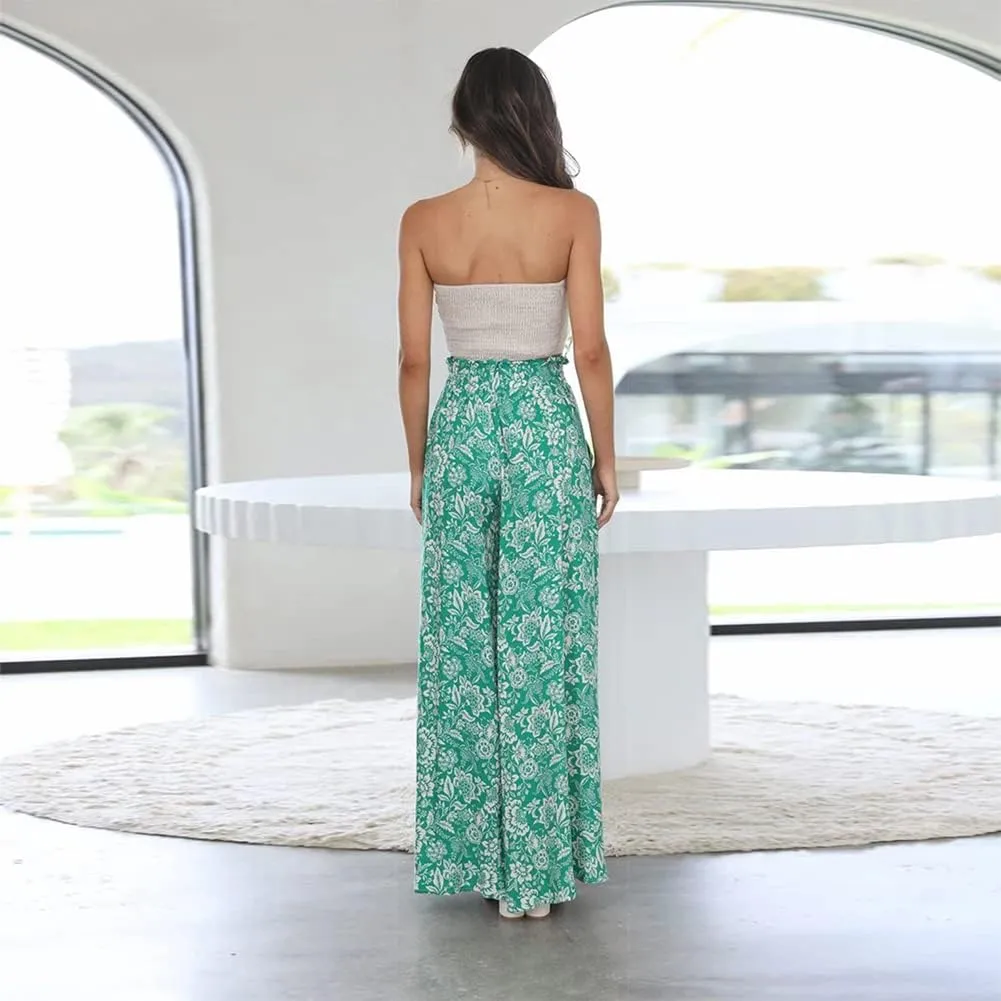 Women Summer Beach Vacation Pants High Waist Wide Leg Pants Printed Loose Flowy Palazzo Trousers