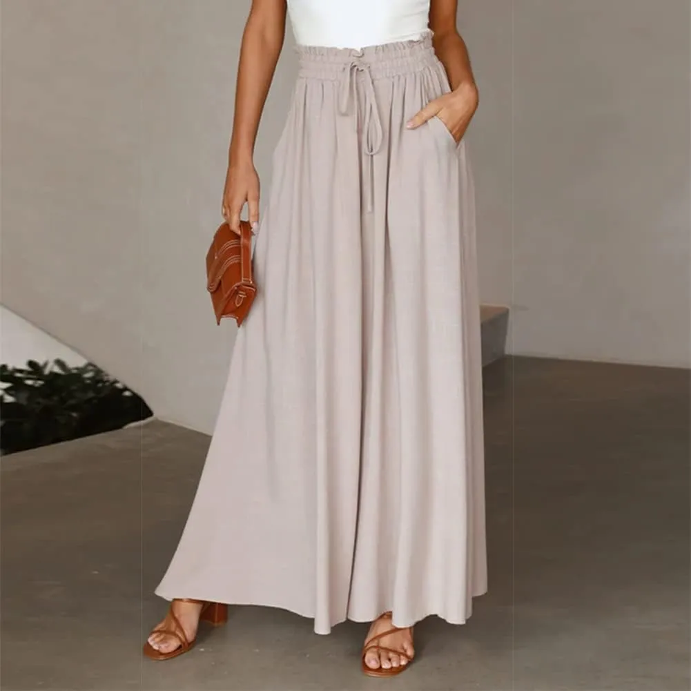 Women Summer Beach Vacation Pants High Waist Wide Leg Pants Printed Loose Flowy Palazzo Trousers