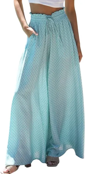 Women Summer Beach Vacation Pants High Waist Wide Leg Pants Printed Loose Flowy Palazzo Trousers