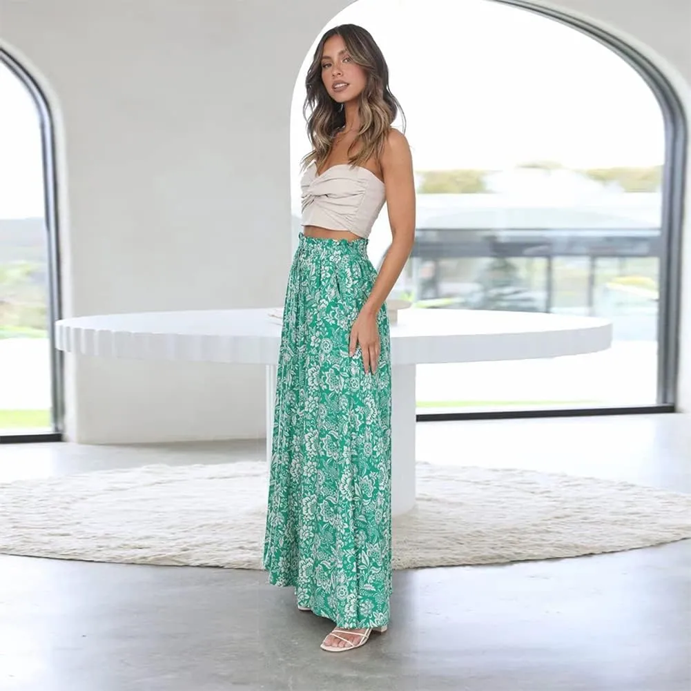 Women Summer Beach Vacation Pants High Waist Wide Leg Pants Printed Loose Flowy Palazzo Trousers