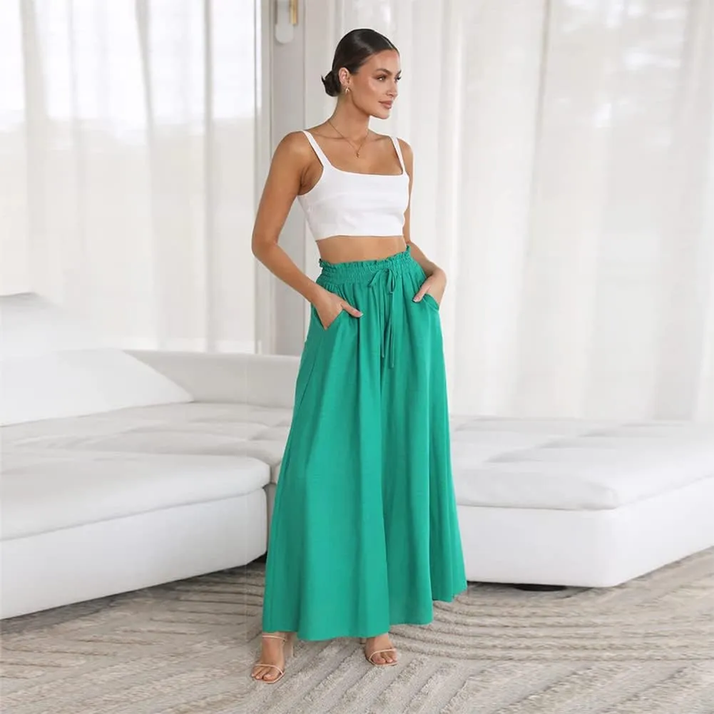 Women Summer Beach Vacation Pants High Waist Wide Leg Pants Printed Loose Flowy Palazzo Trousers
